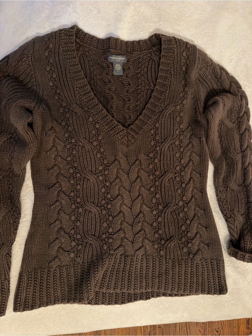 Banana Republic Chocolate Brown Cable-Knit V-Neck Sweater